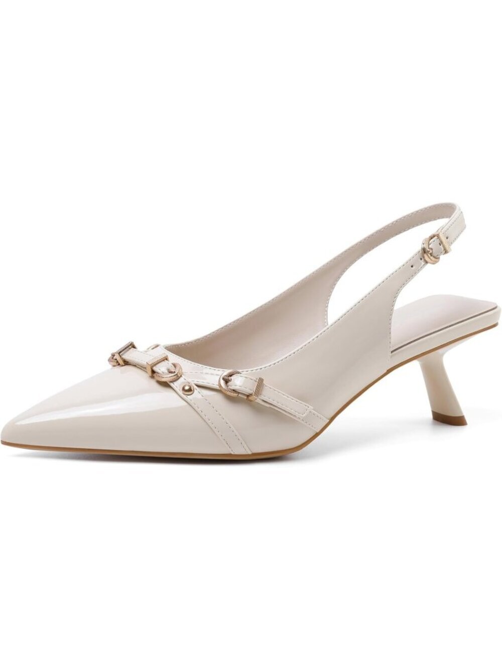 Women's Pointed Toe Patent Leather Beige Low Heel Slingback Heels Buckle Shoes
